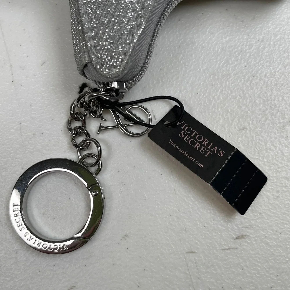 Victoria's Secret Star Glitter Keychain Coin Pouch Women Silver Sparkle Zip Case - Picture 3 of 5